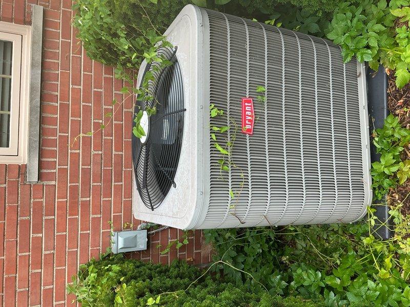 Completed comprehensive Gold AC inspection on 7-year-old Bryant air conditioning system with basement-located air handler. Performed full system evaluation including outdoor condenser unit examination, verified proper airflow through coil, checked refrigerant pressures and temperatures, inspected electrical connections and components, tested capacitor values, and evaluated overall system operation. Noted condenser unit surrounded by vegetation requiring clearance maintenance for optimal airflow and efficiency. All mechanical components, copper piping connections, and hydronic system integration operating within normal parameters at time of inspection.