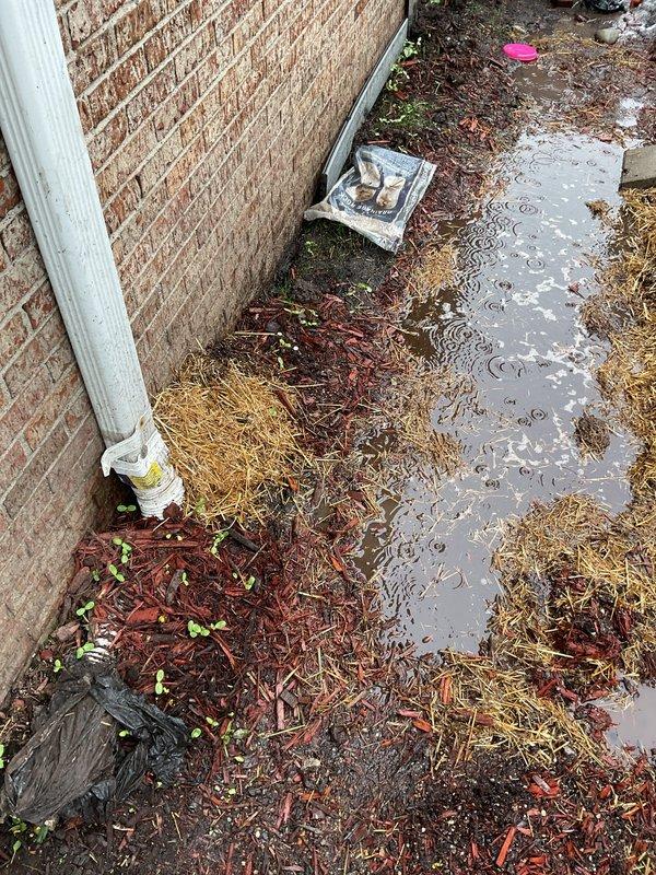 Conducted comprehensive drainage evaluation for property experiencing chronic water saturation and standing water issues in backyard area. Assessed existing sump pump discharge system and surrounding drainage infrastructure, including downspout configurations and ground-level water management components. Documented current conditions with photographic evidence showing wet pavement surfaces, saturated mulch beds, and existing PVC discharge piping along building foundation. Identified contributing factors to prolonged water retention and evaluated impact of previously redirected water from adjacent property. Provided recommendations for permanent drainage solution to address ongoing saturation problems and improve water diversion away from structure.