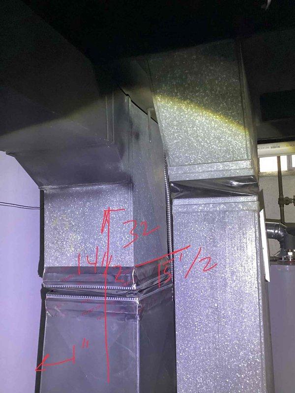 Conducted comprehensive full system HVAC evaluation for central air conditioning installation. Assessed existing ductwork configuration in mechanical space, documenting current infrastructure including insulated metal ductwork with multiple horizontal and vertical runs. Measured and marked critical dimensions on existing ducts for proper equipment sizing and integration planning. Evaluated air handler location and structural support requirements, noting existing mounting provisions and spatial constraints for new equipment installation. Provided complete system replacement estimate including central air conditioning unit specifications compatible with existing duct infrastructure.