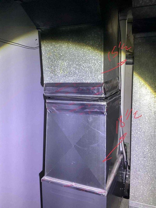 Conducted comprehensive full system HVAC evaluation for central air conditioning installation. Assessed existing ductwork configuration in mechanical space, documenting current infrastructure including insulated metal ductwork with multiple horizontal and vertical runs. Measured and marked critical dimensions on existing ducts for proper equipment sizing and integration planning. Evaluated air handler location and structural support requirements, noting existing mounting provisions and spatial constraints for new equipment installation. Provided complete system replacement estimate including central air conditioning unit specifications compatible with existing duct infrastructure.