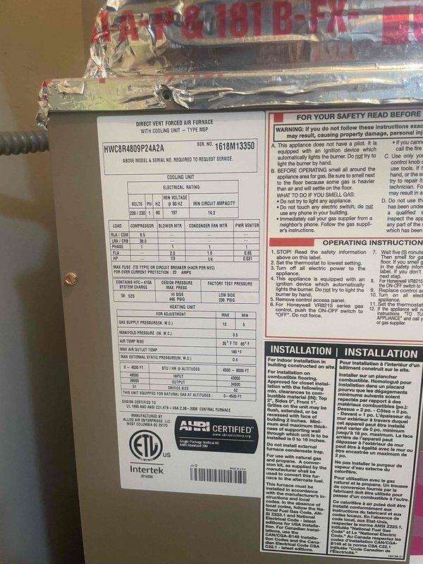 Provided estimate for complete HVAC system replacement including air conditioning unit and natural gas furnace located in bedroom closet. Existing 10+ year old equipment is non-operational. Evaluated current Emerson thermostat and existing system specifications, including HWCSR0909P24A2A unit with associated electrical and refrigerant requirements.