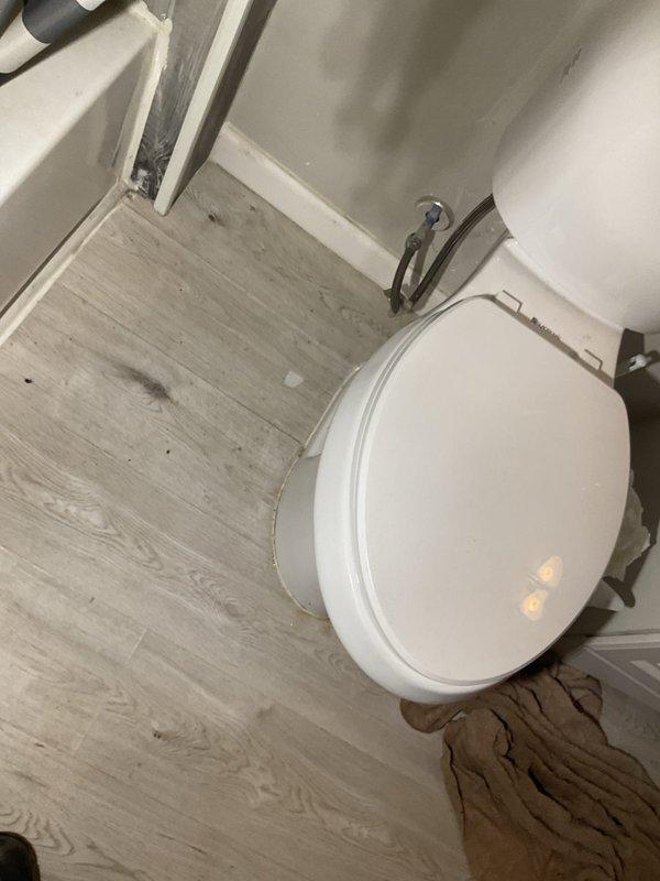 Responded to service call for toilet wax ring replacement estimate at residential property. Upon arrival, conducted thorough inspection of toilet installation and surrounding floor area. Assessed toilet condition, checked for signs of water damage or leakage at base, and evaluated existing wax ring seal integrity. Documented current bathroom conditions with photographs showing standard two-piece white porcelain toilet installed on laminate flooring. Provided customer with detailed estimate for wax ring replacement service including removal and reinstallation of toilet fixture with new wax seal.
