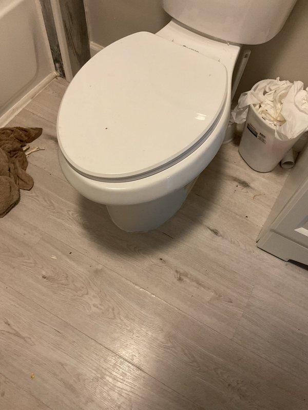 Responded to service call for toilet wax ring replacement estimate at residential property. Upon arrival, conducted thorough inspection of toilet installation and surrounding floor area. Assessed toilet condition, checked for signs of water damage or leakage at base, and evaluated existing wax ring seal integrity. Documented current bathroom conditions with photographs showing standard two-piece white porcelain toilet installed on laminate flooring. Provided customer with detailed estimate for wax ring replacement service including removal and reinstallation of toilet fixture with new wax seal.