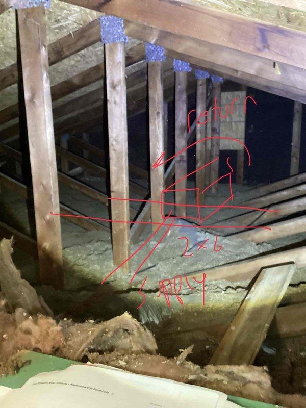 Conducted on-site evaluation for complete air conditioning system replacement. Existing 35-year-old unit located on second floor ceiling has reached end of service life and requires full replacement. Assessed exterior condensing unit with exposed copper refrigerant lines and evaluated attic-mounted air handler and ductwork system. Documented existing installation conditions including structural framing, insulation clearances, and chase configuration to determine proper sizing and installation requirements for new equipment. Provided comprehensive replacement estimate including equipment specifications and installation scope.