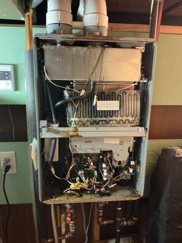 Responded to no hot water condition affecting entire residence with Error Code 14 displaying on Ring tankless water heater unit. Diagnosed fault code indicating flame failure issue within three-year-old unit installed in basement of 1970s-era home. Removed front access panel to inspect internal components, heat exchanger, ignition system, and gas valve assembly. Identified corroded heat exchanger fins and compromised burner assembly preventing proper ignition sequence. Verified PVC venting system integrity on exterior wall showing proper condensate drainage configuration. Inspected electrical connections, circuit board functionality, and wiring harnesses for fault conditions. Cleared error code, tested unit operation, and restored hot water service to all fixtures throughout residence.