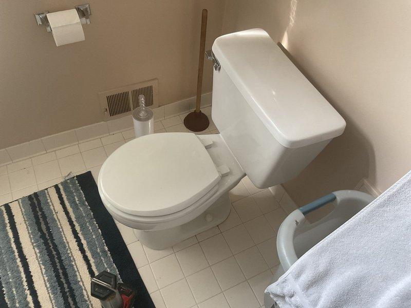Completed toilet replacement in residential bathroom. Removed existing toilet fixture and installed new white porcelain toilet with tank and bowl assembly. Verified proper water supply connection, tested flush mechanism, and confirmed leak-free seal at base and tank connections. Bathroom restored to full operational status with all plumbing fixtures functioning properly.