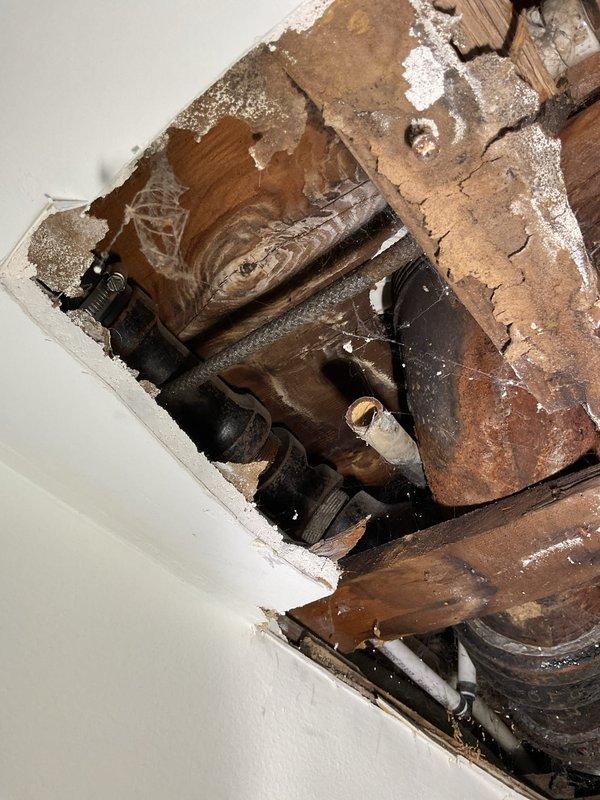 # Plumbing Repair - Water Damage and Deteriorated Piping System

Responded to plumbing issue requiring access through ceiling cavity. Upon investigation, discovered extensive moisture damage to wooden framing members with visible mold growth and mineral deposits throughout the affected area. Exposed deteriorated plumbing infrastructure including aged metal pipes, brass fittings, and corroded valve assembly.

Cut rectangular access opening in ceiling to properly assess extent of damage and access compromised plumbing components. Found significant water intrusion had caused structural deterioration to surrounding wood framing, with evidence of long-term moisture exposure including white powdery mold residue, cracked lumber, and oxidized metal fixtures.

Identified failing brass valve mechanism and corroded threaded pipe connections as primary source of water infiltration. Removed deteriorated piping components and corroded brass fittings. Cleaned affected area of debris, cobwebs, and bio