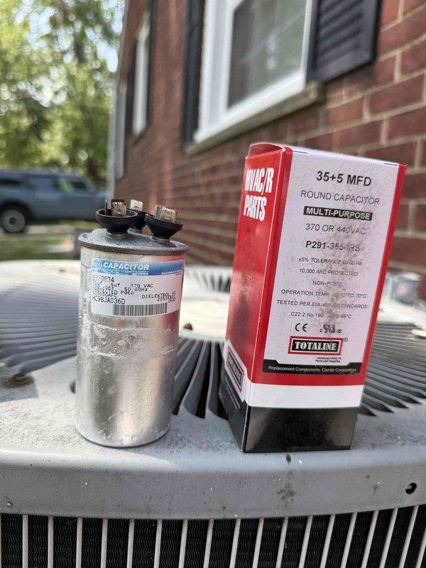 Responded to no cooling complaint on 15-year-old outdoor AC unit. Upon inspection, diagnosed failed dual run capacitor (35+5 MFD) preventing compressor and condenser fan operation. Removed defective capacitor from control panel and installed new Totaline 35+5 MFD 370/440VAC replacement capacitor. Verified all electrical connections secure, tested system operation, and confirmed proper cooling restored. Unit returned to normal operation.
