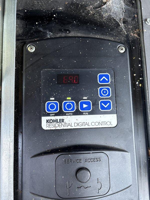 Completed scheduled maintenance inspection on a Kohler 20kW residential standby generator. Unit was operational upon arrival with control panel displaying normal status codes. Performed comprehensive maintenance protocol including visual inspection of control systems, verification of operational modes, and documentation of equipment condition. External surfaces showed accumulation of environmental debris and cobwebs, which is typical for outdoor generator installations. All control functions tested successfully with OFF, AUTO, and RUN modes responding appropriately.