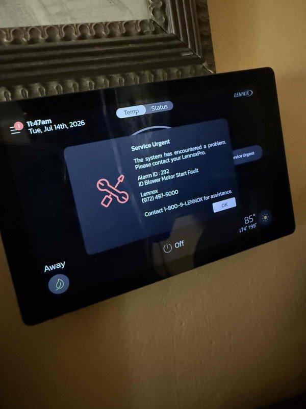 Completed Gold AC inspection on 5-year-old Lennox system with basement air handler and outdoor condensing unit. Addressed previously reported blower motor start fault (alarm ID 742) displayed on thermostat. Performed comprehensive system evaluation including refrigerant levels, electrical connections, condenser coil condition, and blower motor operation to diagnose and resolve the fault condition.