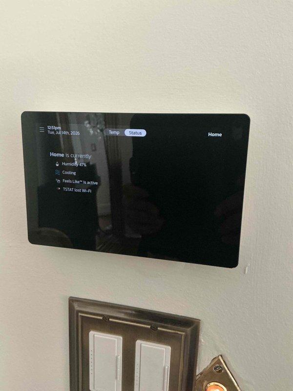 Responded to service call for 5-year-old Lennox thermostat in family room with WiFi connectivity issues. Upon arrival, observed thermostat displaying alert code 114, indicating line voltage frequency out-of-range condition (No 60 Hertz Power detected at air handler). Performed diagnostic testing of electrical supply, inspected low voltage wiring connections for damage or loose terminations, and checked for electrical interference sources affecting power quality. Troubleshot system communication between thermostat and HVAC equipment, verified proper voltage levels, and performed system reset procedure. Restored WiFi connectivity and confirmed thermostat operational with stable power supply and proper communication to equipment.