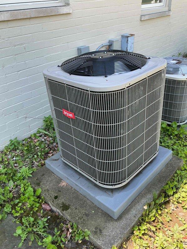 Completed Gold AC Inspection on two outdoor condensing units, both over 10 years old. Performed comprehensive system evaluation including visual inspection of both units, which showed normal age-related wear with some surface rust and discoloration on exterior housing. Verified proper operation of both systems, inspected electrical connections and conduit, confirmed units are level on concrete pads, and checked refrigerant lines. Air handler/coil located in basement was inspected as part of multi-unit system assessment. Both systems currently operating as designed with homeowner present for inspection walkthrough.