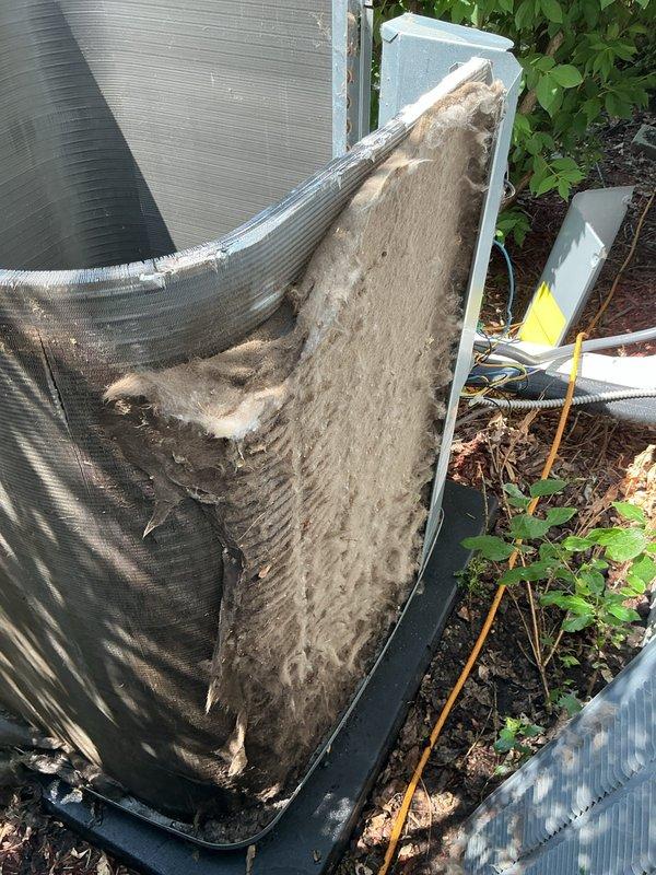 # HVAC Service Completed

Responded to no cooling complaint on 1-year-old air conditioning system. Upon arrival, located outdoor condensing unit and performed visual inspection. Found extensive damage to condenser cabinet with large sections of metal housing torn away and bent outward, exposing internal coil assembly. Noted severe deterioration with jagged edges, rust, and corrosion throughout exterior panels. Observed significant accumulation of dirt, debris, and organic material on unit surfaces and interior components.

Opened access panel to inspect internal components and discovered heavy buildup of dust and debris coating interior surfaces. Noted thick gray-brown material accumulation affecting airflow and heat transfer capability. Exterior coil fins showed dark discoloration consistent with restricted airflow and environmental contamination.

Unit condition indicated severe weathering and lack of proper maintenance. The compromised cabinet integrity and exposed coil assembly pre