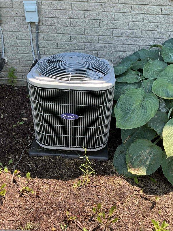 Completed Gold AC Inspection and routine maintenance on two outdoor condenser units, both approximately 7 years old. Performed comprehensive tune-up procedures including visual inspection of both Carrier units positioned against exterior wall, checked electrical connections and conduit, verified proper mounting and clearances, inspected refrigerant lines, and assessed overall system operation. Both units showed normal wear consistent with age; no immediate repairs required at time of service.