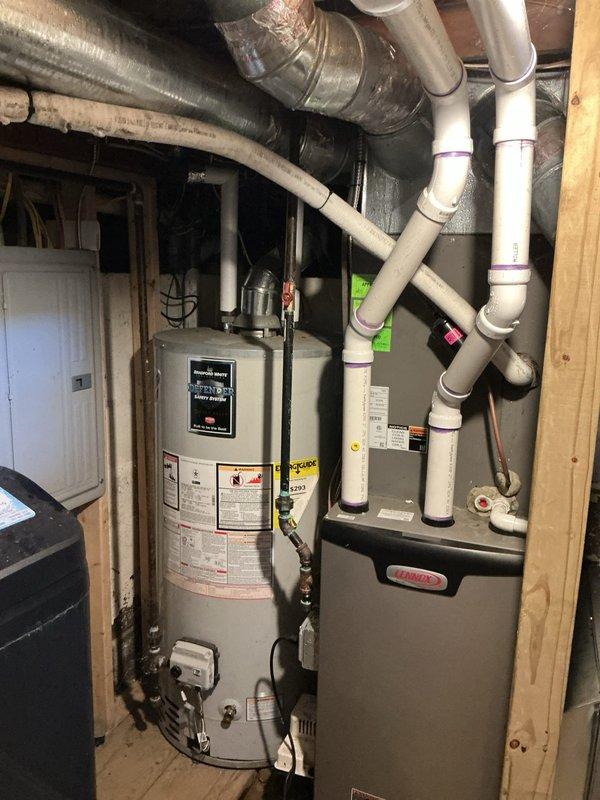 Responded to airflow concerns in 15-year-old basement ductwork system. Performed comprehensive visual inspection of flexible and rigid ductwork routing, connections, and condition throughout the basement mechanical room. System confirmed operational for both heating and cooling functions. Documented existing duct configuration and infrastructure layout with photographs for service records.