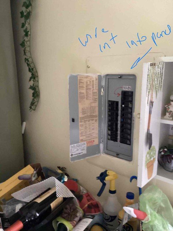 Completed electrical estimate for new whole home generator installation at residential property. Assessed existing electrical infrastructure including dual meter configuration and main electrical panel location for integration with proposed generator system. Documented current electrical service setup, meter placement on exterior wall, and interior panel box with circuit breaker arrangement to determine load requirements and transfer switch positioning for seamless automatic backup power integration.