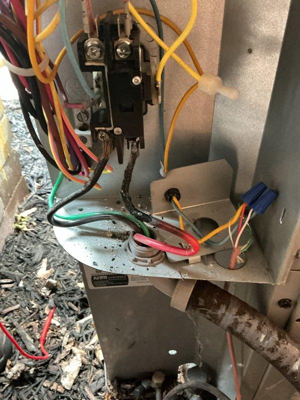 Responded to callback for AC condenser not starting after run capacitor replacement two days prior. Upon inspection, found contactor severely corroded with rust on terminals and contact points, preventing proper electrical connection. Removed and replaced failed contactor, verified all wire connections secure, and tested system operation. Unit now cycling properly with condenser engaging as designed.