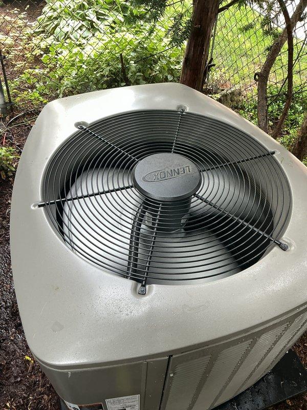 Completed Gold AC inspection and tune-up on 1-year-old Lennox outdoor condensing unit. Performed comprehensive system evaluation including refrigerant level check, electrical connection inspection, condenser coil assessment, and fan motor operation verification. Unit operating within normal parameters with no deficiencies noted. All components functioning properly with adequate airflow through condenser coil and fan assembly. System ready for cooling season operation.