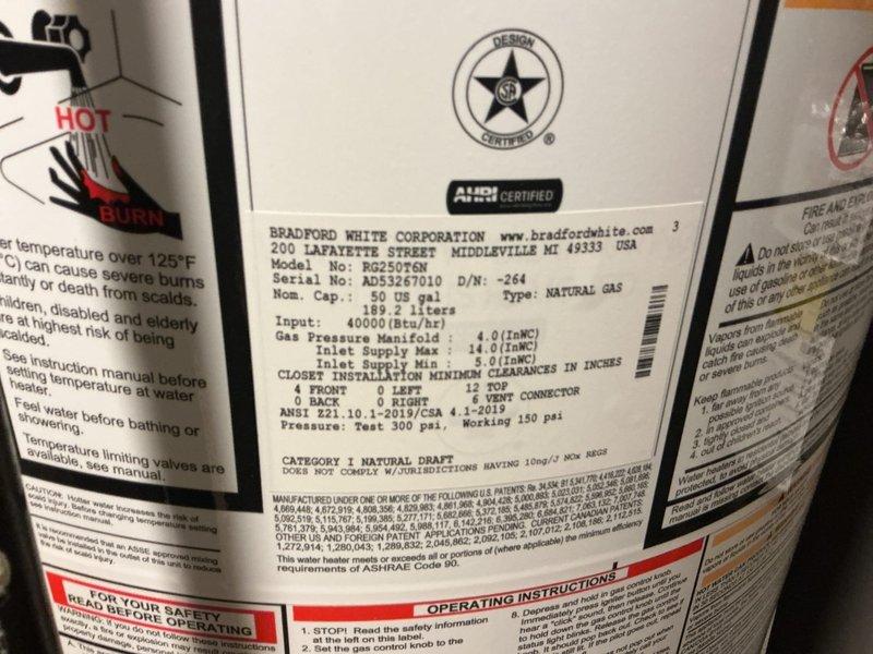 Performed routine maintenance flush on a Bradford White 50-gallon natural gas water heater, model RG250T6N. Drained sediment buildup from tank bottom through drain valve to improve heating efficiency and extend unit lifespan. Verified proper operation of temperature and pressure relief valve, inspected all visible connections for leaks, and confirmed manufacturer labels and safety warnings remain legible and intact.