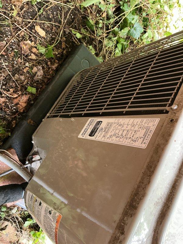 Completed comprehensive Gold AC Inspection on a 10+ year old single-unit air conditioning system with outdoor condenser and basement-located air handler. Performed thorough visual assessment of outdoor condenser unit, noting weathered exterior casing with dirt accumulation and organic growth on metal surfaces. Inspected condenser grille, refrigerant lines, and structural components, confirming all equipment remained operational despite cosmetic weathering. Documented equipment condition through photographic records showing manufacturer specifications label and overall unit integrity. Verified system operational status with homeowner prior to inspection. All accessible components examined and found to be functioning within normal parameters for equipment age.