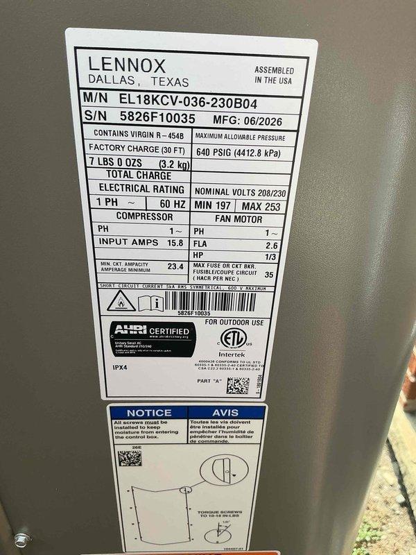 Responded to warranty callback for newly installed complete HVAC system experiencing freeze-up conditions immediately after initial installation. System consists of Lennox EL18KCV-036-230B04 3-ton air conditioning unit (manufactured 06/2026, serial 5826F10035) and 70,000 BTU furnace with humidifier installed in rear yard location. Inspected outdoor condenser unit, verified proper fan operation, confirmed unit mounted on concrete pad with adequate clearance. Reviewed installation specifications including 208/230V single-phase electrical connection, 7 lbs factory refrigerant charge, and AHRI certification number 216722046. Photographically documented equipment condition showing clean Lennox condenser with intact protective grille and proper exterior mounting. Addressed freezing issue through diagnostic evaluation of airflow, refrigerant levels, and system controls to restore proper operation per manufacturer specifications.