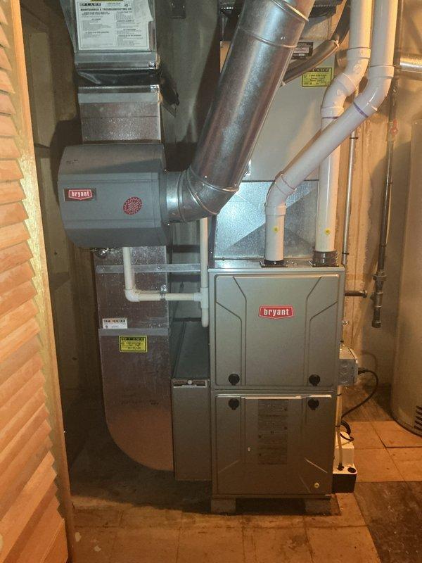 Completed Gold AC Inspection on a 2-year-old Bryant HVAC system located in the basement. All equipment was operational at time of service, with the air handler, furnace, and associated ductwork inspected and found to be functioning properly. Appointment rescheduled to service both properties as requested by homeowner.