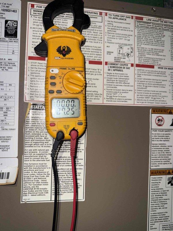 Responded to no cooling complaint on 10+ year old air conditioning unit located on porch. Performed diagnostic evaluation using clamp meter to test electrical components and verify system operation. Inspected condensate drain line connections and flexible connector installation in basement area. Contacted customer with diagnostic findings and provided update on equipment condition as requested.