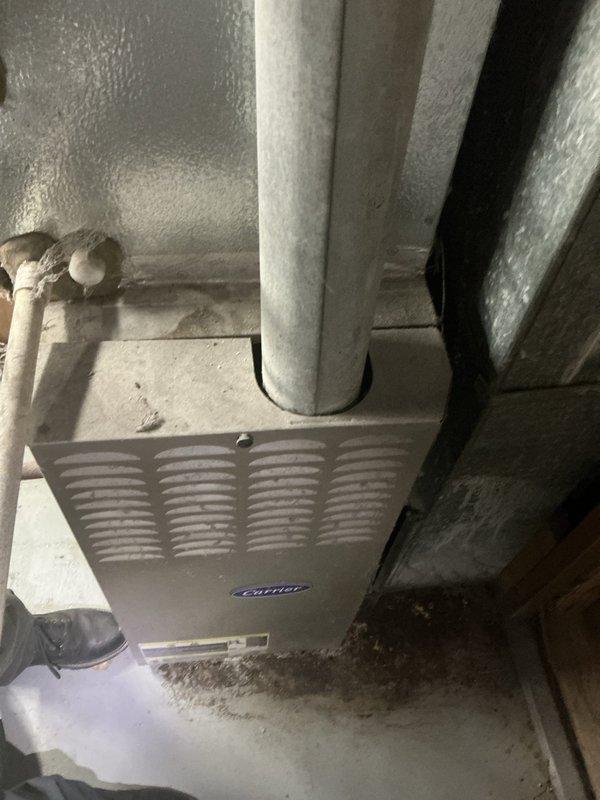 Responded to service call for 6-year-old residential air conditioning system experiencing reduced cooling capacity. Upon arrival, conducted comprehensive system evaluation including visual inspection of outdoor condenser unit located at rear of property and indoor air handler components. Performed standard diagnostic procedures to assess refrigerant levels, airflow, electrical connections, and overall system performance. Verified system operation and documented equipment condition through photographic records of indoor HVAC installation, including Carrier furnace unit and associated ductwork in basement utility area. System evaluated for common issues affecting cooling efficiency in units under 10 years old, including potential refrigerant concerns, airflow restrictions, and component wear.
