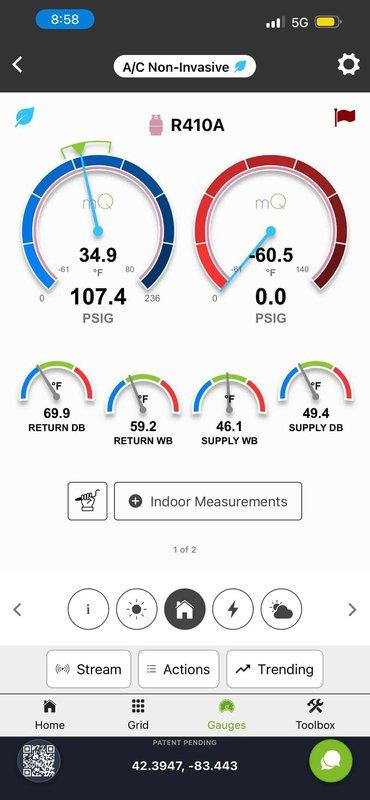 Completed comprehensive Gold AC inspection on 13-year-old residential air conditioning system with basement-located air handler. Performed non-invasive refrigerant diagnostics on R410A system, verifying proper operating pressures and temperatures with return air at 69.9°F dry bulb/59.2°F wet bulb and supply air at 49.4°F dry bulb/46.1°F wet bulb, indicating adequate system performance and cooling capacity. Inspected outdoor condenser unit, confirming clean exterior cabinet, proper installation on equipment pad, adequate clearances, and overall satisfactory condition with no visible defects or maintenance concerns identified.