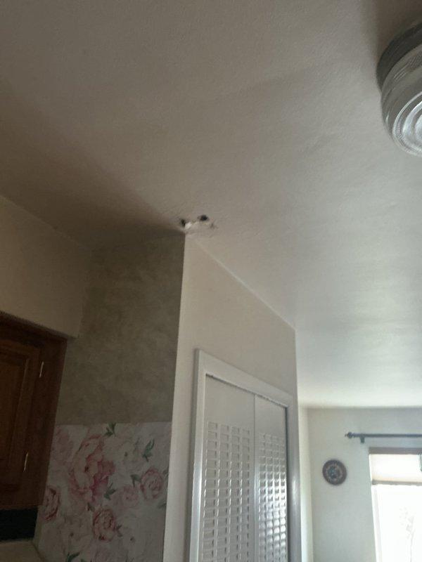 Responded to callback for water leak originating from bathtub area affecting kitchen ceiling below. Upon inspection, discovered severely deteriorated grout and water damage around vertical PVC drain pipe in bathroom corner, with extensive mold growth and material degradation at wall and floor junction indicating chronic moisture intrusion. Investigation revealed active leak path from compromised bathroom plumbing penetrating through floor assembly to kitchen ceiling, evidenced by visible ceiling damage and access holes created for leak tracing. Documented conditions showing failed waterproofing at tile-to-pipe interface and degraded grout lines allowing water migration between floors.