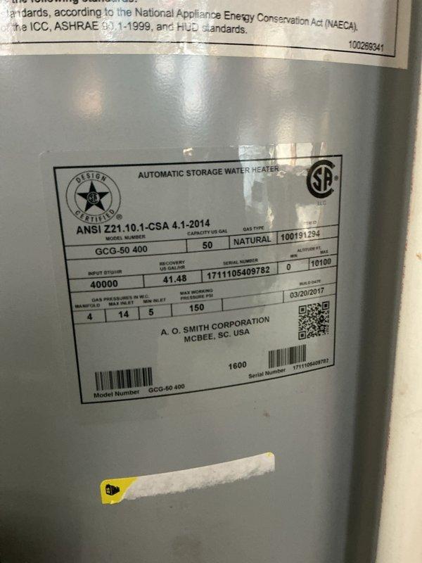 Completed comprehensive HVAC tune-up inspection on heating system over 10 years old, including thorough examination of humidifier, thermostat, and hot water tank components. Inspected A.O. Smith 50-gallon natural gas water heater (Model GCG-50 400, manufactured 03/30/2017) with 40,000 BTU/HR input rating, verifying proper operation of gas connections, copper supply lines with shutoff valves, and venting system. All equipment found operating within normal parameters with no immediate service requirements identified.