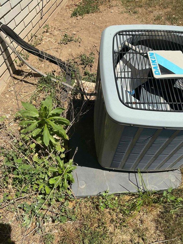 Performed comprehensive cooling season tune-up on 8-year-old Daikin air conditioning system. Conducted full operational assessment including refrigerant levels, electrical connections, compressor function, and airflow verification. Noted outdoor condenser unit sitting off-level on concrete pad; unit remains stable but recommend monitoring for future leveling needs. All system parameters operating within manufacturer specifications. Cleared vegetation and debris from around unit perimeter to ensure proper airflow and drainage. System confirmed operational and ready for cooling season.