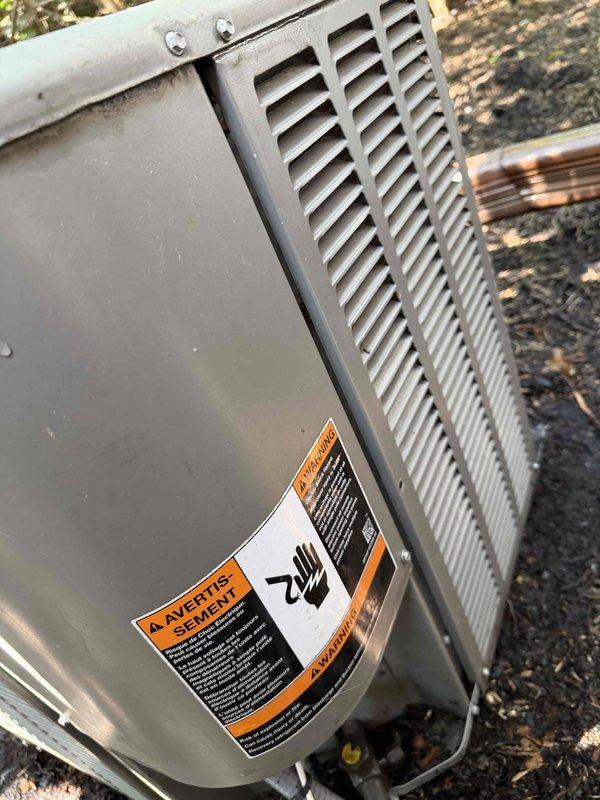 Responded to no cooling complaint on 5-year-old air conditioning system located on second floor. Performed diagnostic inspection of outdoor condensing unit, which showed no visible external damage or refrigerant line issues. Unit exterior and components appeared in good operational condition with proper line connections secured, though indoor air handler assessment would be required to complete diagnosis and restore cooling function.