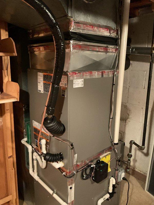Successfully installed a 3.5-ton rear-discharge air conditioning system with matching evaporator coil to existing furnace. Completed all electrical and mechanical connections, installed new thermostat and trim plate, and reconnected condensate drainage system with pump to existing PVC piping network. Obtained necessary mechanical and electrical permits, verified proper system operation, and ensured all components meet code requirements for residential HVAC installation.