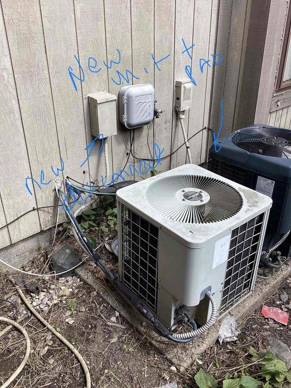 Provided estimate for complete air conditioning system replacement at condominium unit with outdoor condenser and indoor air handler located in laundry area. Existing equipment operational but aged beyond serviceable life, with natural gas furnace infrastructure in place. Assessed electrical panel capacity and outdoor installation space, documented current system configuration including conduit routing and utility connections to prepare comprehensive replacement proposal.
