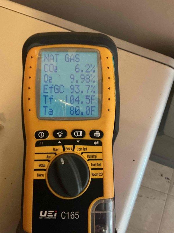 Performed routine maintenance on two furnaces and two air conditioning units. Conducted comprehensive tune-up on York furnace located in basement, including combustion analysis which revealed CO2 levels at 6.2%, O2 at 9.98%, and efficiency at 93.7% on natural gas system. Inspected and tested all major components including heat exchanger, burners, blower assembly, and venting system. Checked refrigerant lines, condensate drain lines, and all PVC venting connections for proper operation. Performed visual inspection of second furnace in garage and both outdoor AC units. Identified failed blower motor and inducer motor requiring replacement; parts ordered under PO 1340748-001 for installation upon arrival. All systems operational at time of inspection with no immediate safety concerns. Applied approval stickers to completed maintenance items. Return visit scheduled for motor replacement and final system verification.