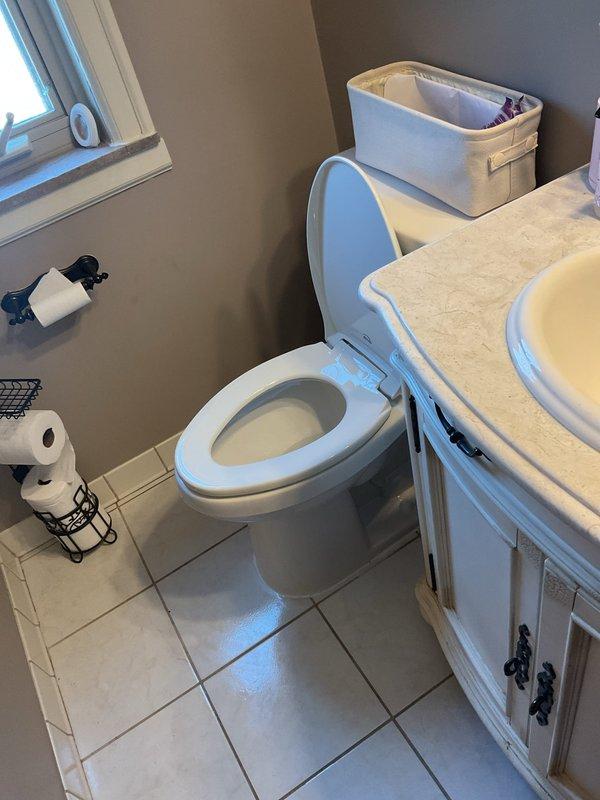 Completed plumbing estimate for toilet replacement in first-floor bathroom of century-old home. Assessed existing white porcelain toilet, bathroom layout, and plumbing infrastructure including water supply lines and floor mounting conditions on tile flooring. Documented current fixture condition and provided replacement recommendations based on existing plumbing configuration.