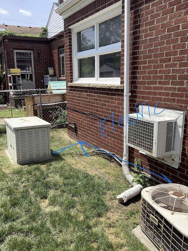 Completed electrical estimate for whole home generator replacement at brick residential property. Evaluated existing installation site along exterior wall near multiple HVAC units, assessed electrical infrastructure including conduit routing and connection points, and photographed current configuration to determine replacement specifications and installation requirements.