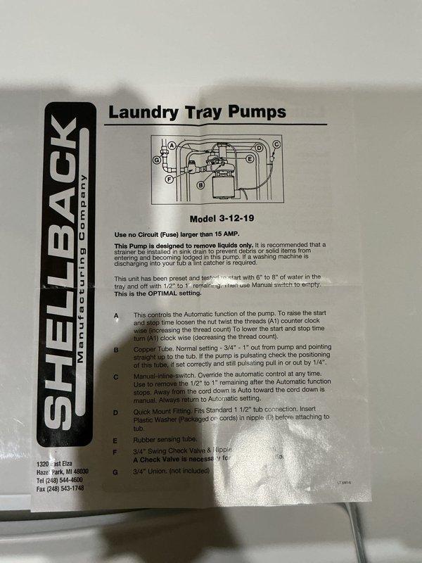 Installed customer-supplied laundry tray pump in utility room adjacent to garage for laundry tub sink drainage. Connected pump assembly using 3/4" swing check valve and 3/4" nipple as specified. Completed all plumbing connections to existing water supply lines and verified proper pump operation according to manufacturer specifications for Model 3-12-19 unit.