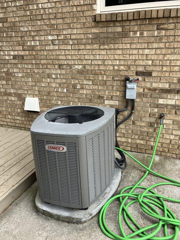 Performed comprehensive evaluation of residential Lennox air conditioning system experiencing refrigerant leak in evaporator coil. Conducted thorough leak search diagnostics and documented existing outdoor condensing unit condition. Provided estimate for complete system replacement due to leaking coil requiring repair beyond economical service threshold.