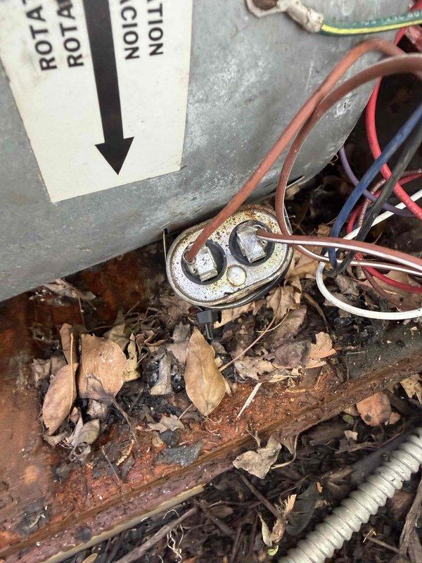 Responded to no cooling complaint with no air flow from vents. Upon arrival, found outdoor condensing unit in severely deteriorated condition with extensive rust damage on cabinet panels and internal components. Unit interior contained heavy accumulation of leaves, dirt, and organic debris surrounding electrical components including capacitor and wiring connections. Exterior cabinet showed significant corrosion along edges and panels with weathering from prolonged exposure to elements. Removed debris from unit interior and assessed electrical connections. Due to extensive rust damage compromising structural integrity and potential electrical hazards from moisture infiltration around capacitor and wiring, recommended unit replacement rather than repair given safety concerns and deteriorated condition of components.
