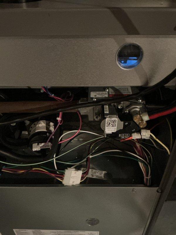 Completed comprehensive Gold Furnace Inspection on a one-year-old forced air heating system located in basement. Performed thorough examination of all mechanical and electrical components including gas valve assembly, ignition system, blower motor, and control board wiring connections. Inspected air filter condition and verified proper installation in filter compartment. All components found to be operating within normal parameters with secure wiring bundles and intact connections throughout system. Unit confirmed to be functioning properly with no deficiencies noted during inspection.