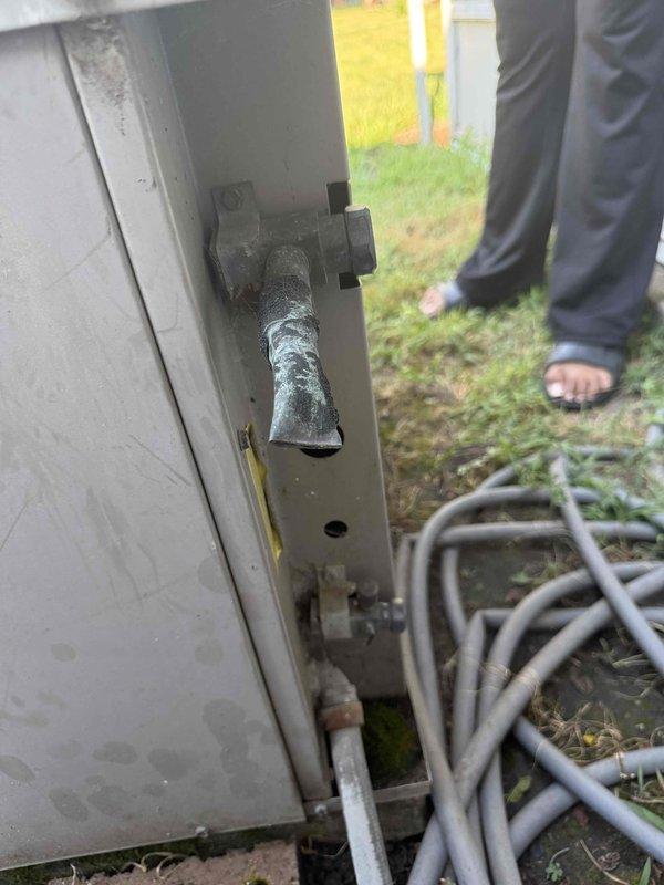 Responded to no-cooling complaint on 16+ year old air conditioning system. Upon inspection, discovered severely corroded and deteriorated copper refrigerant line at outdoor unit penetration point, exhibiting heavy oxidation and surface damage. The compromised refrigerant line is causing system to run continuously without achieving desired temperature due to refrigerant loss. Documented condition of deteriorated copper piping and compromised line set for repair recommendations.
