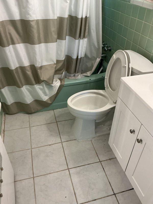 Completed toilet inspection and assessment in residential bathroom with vintage green tile work. Photographed toilet installation and surrounding plumbing fixtures to document current condition of standard tank-style toilet unit. Verified proper positioning and accessibility of bathroom fixtures for future service reference.