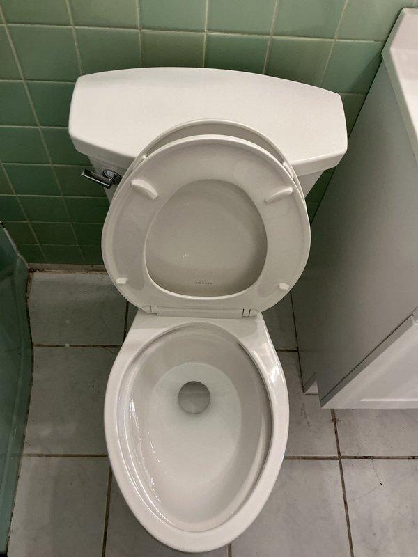 Completed toilet inspection and assessment in residential bathroom with vintage green tile work. Photographed toilet installation and surrounding plumbing fixtures to document current condition of standard tank-style toilet unit. Verified proper positioning and accessibility of bathroom fixtures for future service reference.