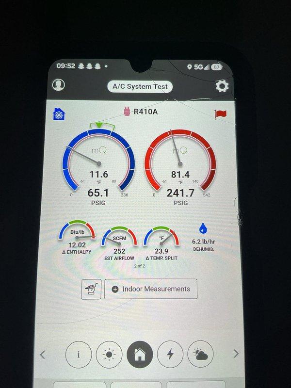 Responded to no cooling complaint on five-year-old Carrier AC unit located in garage. Upon arrival, performed comprehensive system diagnostics using refrigerant analyzer, confirming system operating with R410A refrigerant. Measured suction pressure at 65.1 PSIG and discharge pressure at 241.7 PSIG, with temperature split of 23.9°F across evaporator coil. System airflow estimated at 252 SCFM with enthalpy difference of 12.02 BTU/lb and dehumidification rate of 6.2 lb/hr. Inspected air filtration system and noted existing Honeywell Home FC100A1029 16x25x4 MERV 11 filter with installation date of April 2023. All system parameters within normal operating range, unit restored to full cooling capacity.