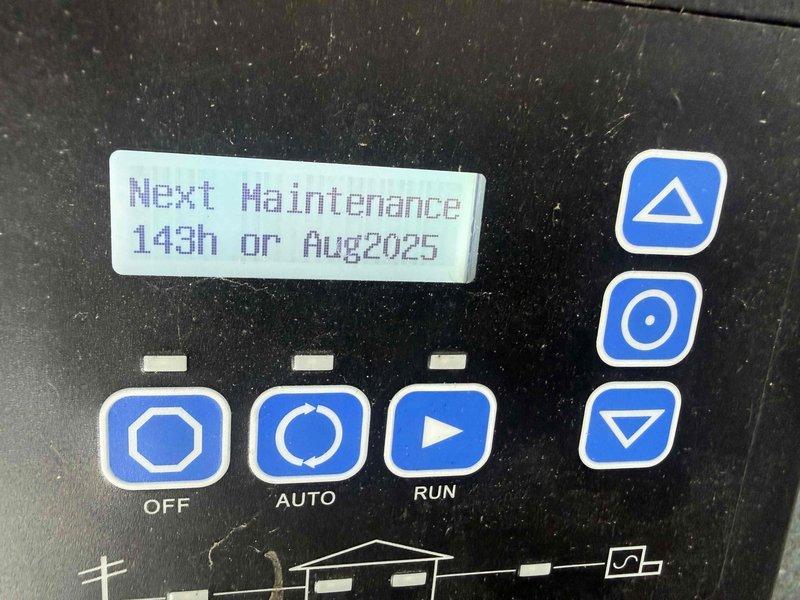 Performed scheduled maintenance on Kohler 48RCL standby generator unit. Replaced three spark plugs showing significant carbon buildup and electrode wear. Verified control panel operation and confirmed system settings; next maintenance interval properly displayed as 143 hours or August 2025. Unit tested in AUTO and RUN modes with successful operation confirmed.