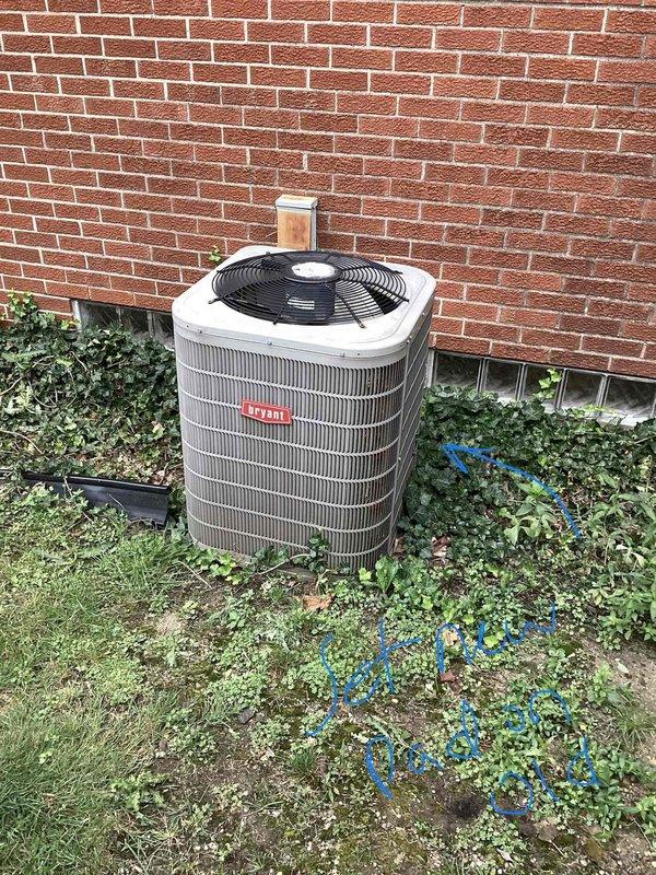 Completed estimate for replacement of 18-year-old residential cooling system with non-operational condenser fan. Assessed outdoor condenser unit located on grade-level pad against brick foundation and evaluated indoor air handler system in basement. Provided homeowner with equipment replacement options and recommendations based on system age and current failure of condenser fan motor.