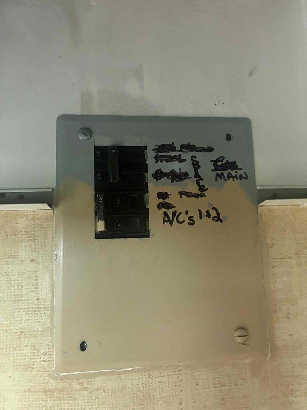 Responded to service call for A/C system evaluation. Upon inspection, identified electrical issue requiring specialist attention at main breaker panel serving AC units 1 and 2. Documented electrical panel conditions with photos showing main breaker box and AC circuit locations. Coordinated with electrical contractor for follow-up service to address breaker concerns and ensure safe system operation.