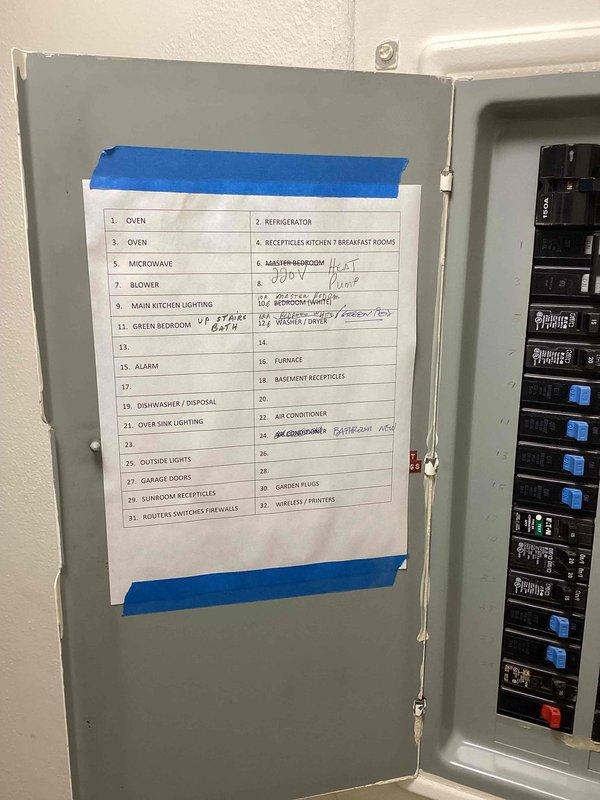 Conducted on-site assessment for whole home generator installation at residential property. Evaluated existing electrical panel configuration, documented current circuit breaker layout and capacity, and photographed electrical distribution system including circuit directory and breaker arrangement to determine compatibility and requirements for generator integration with home's electrical infrastructure.